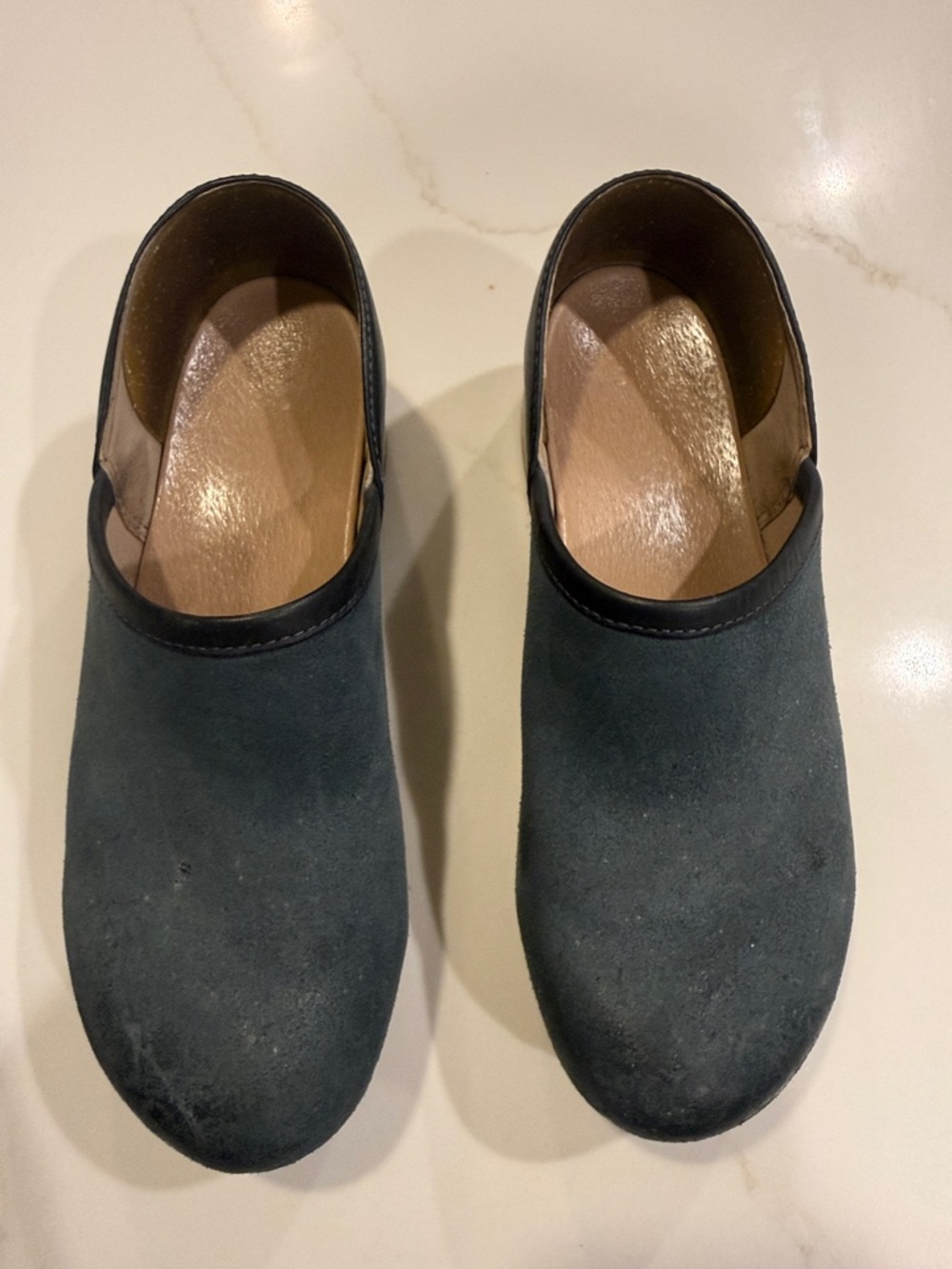 Dansko navy Suede Clogs with Tan Sole